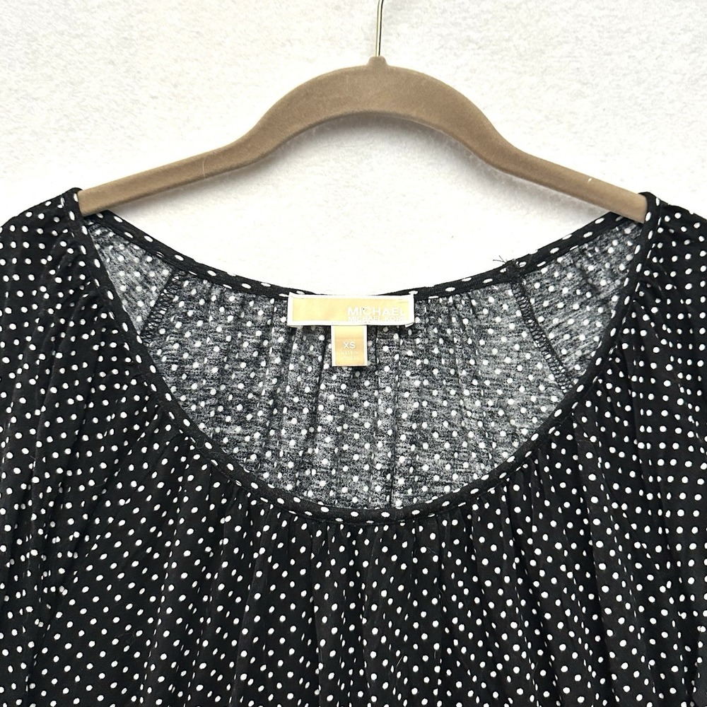 Michael Kors Polka Dot Blouse Top XS 3/4 Sleeve Black White Pleated Viscose - Picture 3 of 8